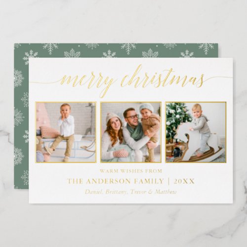 Calligraphy Christmas Sage Green 3 Photo Gold Foil Holiday Card