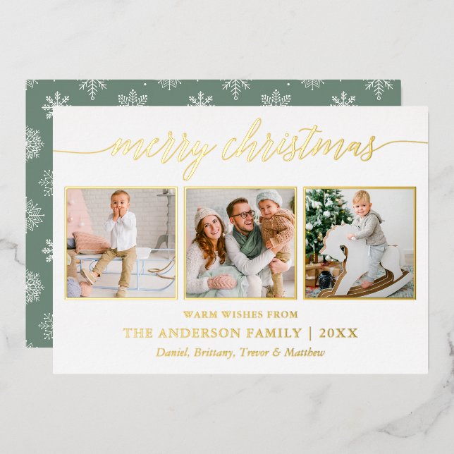 Calligraphy Christmas Sage Green 3 Photo Gold Foil Holiday Card (Front/Back)