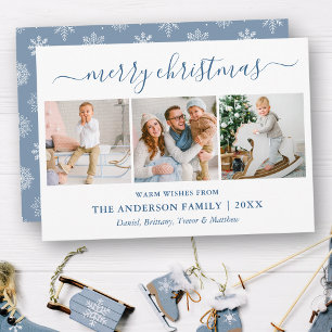 Calligraphy Christmas Snowflake Dusty Blue 3 Photo Holiday Card