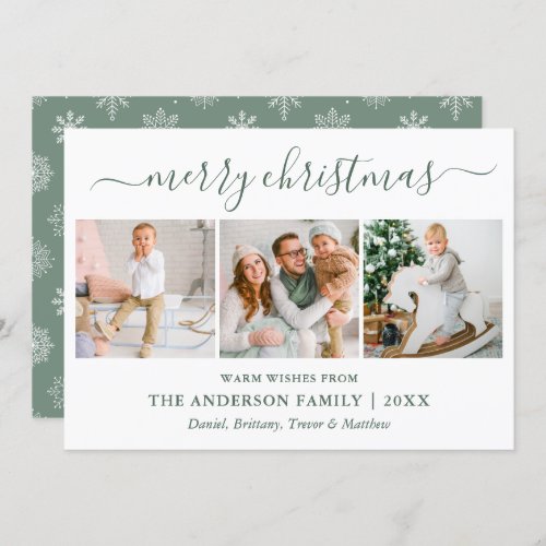 Calligraphy Christmas Snowflake Sage Green 3 Photo Holiday Card