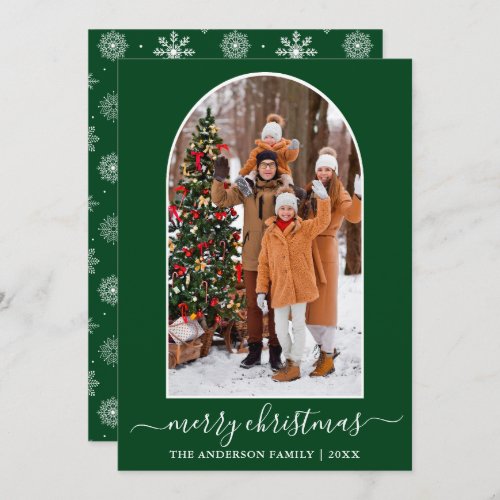 Calligraphy Christmas Snowflakes Photo Arch Green Holiday Card