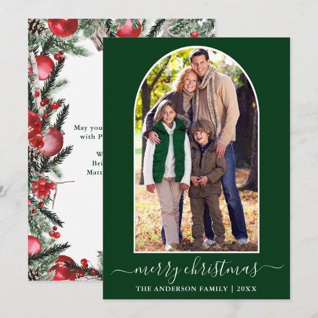 Calligraphy Christmas Snowflakes Photo Arch Green  Holiday Card (Front/Back)