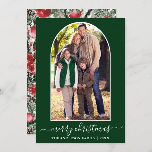 Calligraphy Christmas Snowflakes Photo Arch Green  Holiday Card