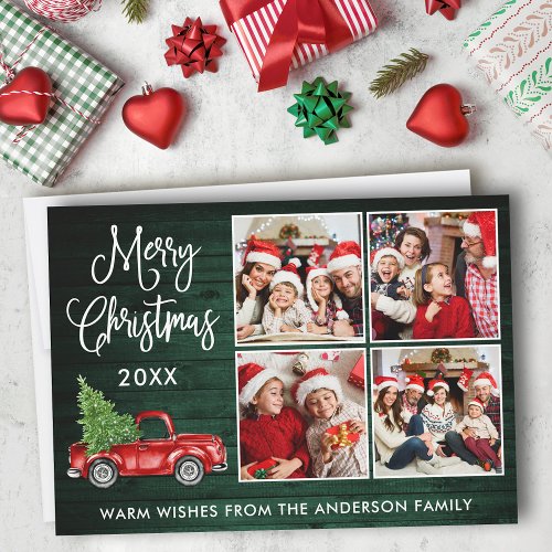 Calligraphy Christmas Truck 4 Photo Green Wood Holiday Card
