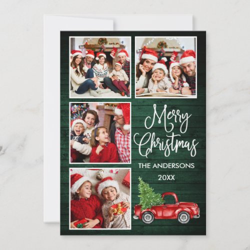 Calligraphy Christmas Truck Green Wood 4 Photo Holiday Card