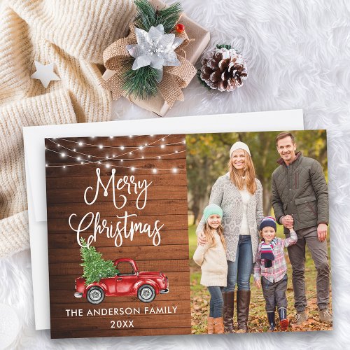Calligraphy Christmas Truck Photo Wood Lights Holiday Card