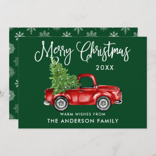 Calligraphy Christmas Truck Snowflakes Green Holiday Card