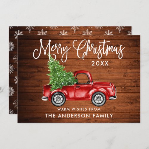 Calligraphy Christmas Truck Snowflakes Wood Holiday Card