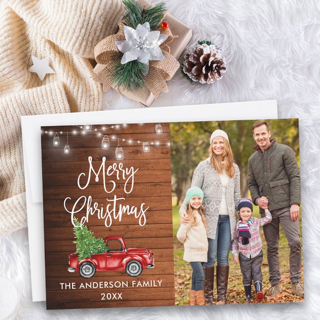 Calligraphy Christmas Truck Wood Jar Lights Holiday Card (Customize to add text to back of card.)