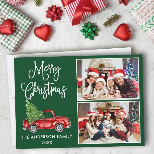 Calligraphy Christmas Vintage Truck 2 Photo Green Holiday Card