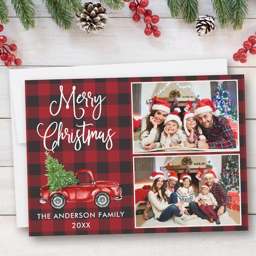 Calligraphy Christmas Vintage Truck 2 Photo Plaid Holiday Card