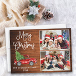 Calligraphy Christmas Vintage Truck 2 Photo Wood Holiday Card<br><div class="desc">Modern Fun Calligraphy Script Merry Christmas 2 Photo Holiday Card - Watercolor Vintage Red Truck with Christmas Tree - Rustic Country Wood</div>