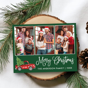 Calligraphy Christmas Vintage Truck 3 Photo Green Postcard