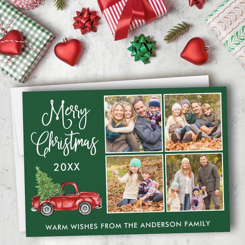 Calligraphy Christmas Vintage Truck 4 Photo Green Holiday Card