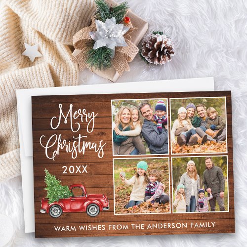 Calligraphy Christmas Vintage Truck 4 Photo Wood Holiday Card
