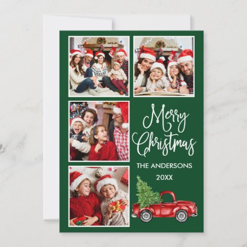 Calligraphy Christmas Vintage Truck Green 4 Photo Holiday Card