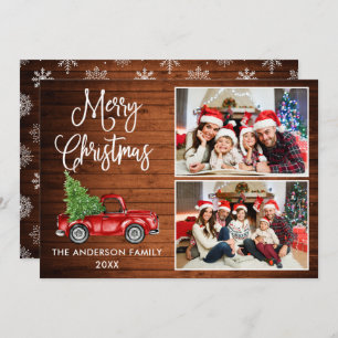 Calligraphy Christmas Vintage Truck Wood 2 Photo Holiday Card