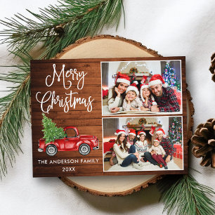 Calligraphy Christmas Vintage Truck Wood 2 Photo Postcard