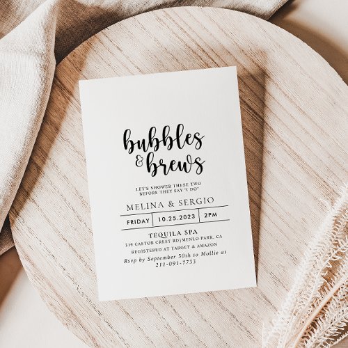 Calligraphy Classic Bubbles  Brews Bridal shower  Invitation