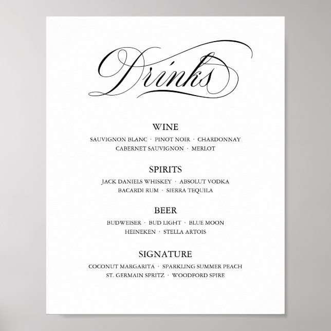 Calligraphy Classic Elegant Wedding Bar Menu Sign (Front)