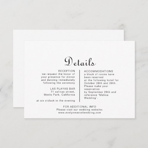 Calligraphy Classic Minimalist Wedding Details  Enclosure Card