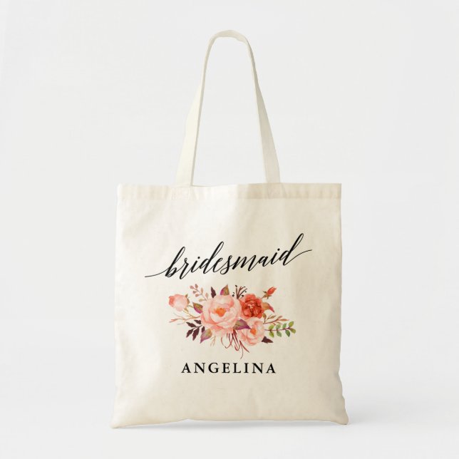 Calligraphy Coral Floral Bridesmaid Name Tote Bag (Front)