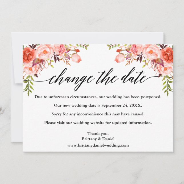 Calligraphy Coral Floral New Wedding Date Card (Front)