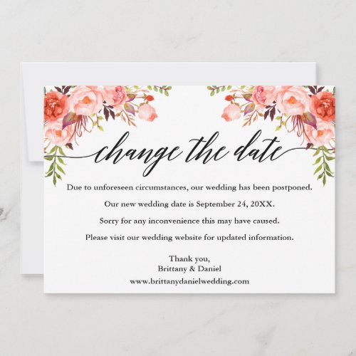 Calligraphy Coral Floral New Wedding Date Card