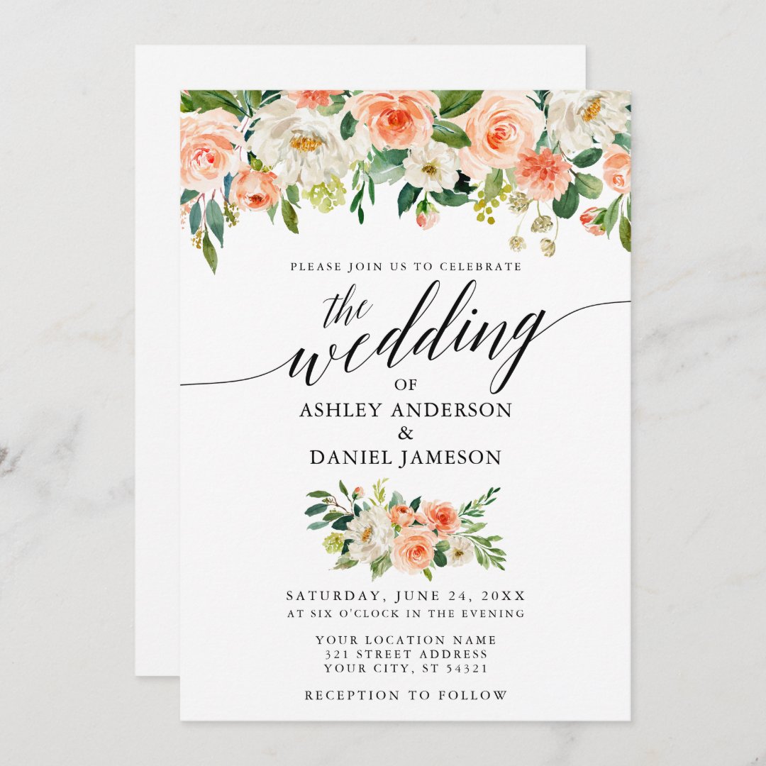 Calligraphy Coral Floral Photo Wedding Invitation | Zazzle