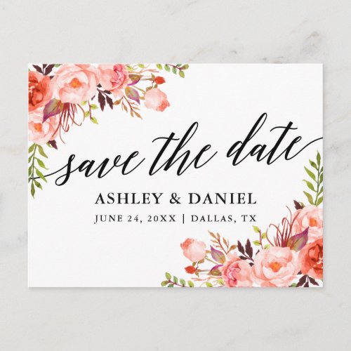Calligraphy Coral Floral Save The Date Postcard