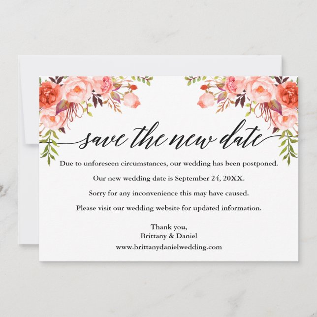 Calligraphy Coral Floral Save The New Date Card (Front)