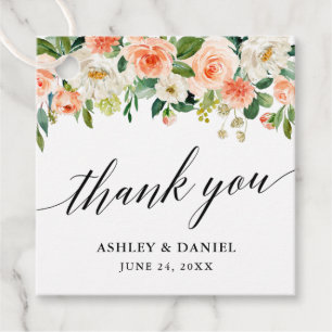 Calligraphy Coral Floral Wedding Thank You Favor Tags