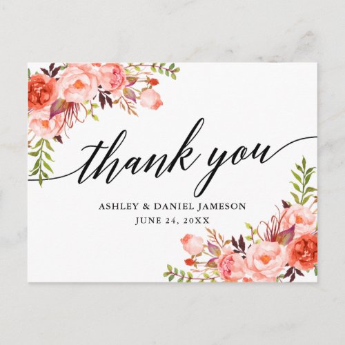 Calligraphy Coral Floral Wedding Thank You Postcard