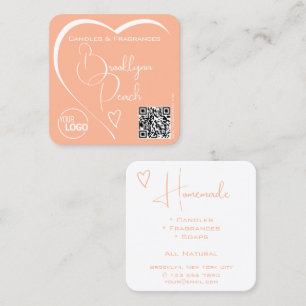 Calligraphy Coral White Heart with Logo QR Code  Square Business Card