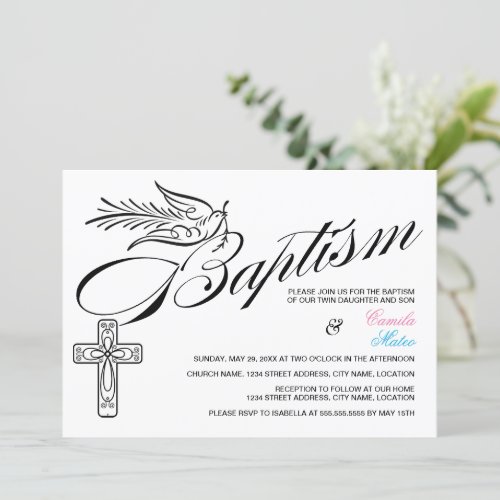 Calligraphy Cross and Dove Baptism Twins Invitation