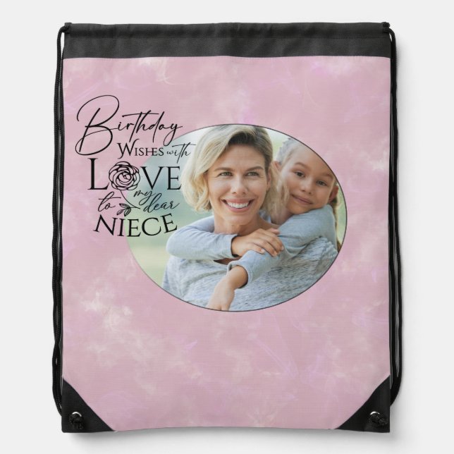 Calligraphy Custom Photo Birthday For  Niece Drawstring Bag (Front)