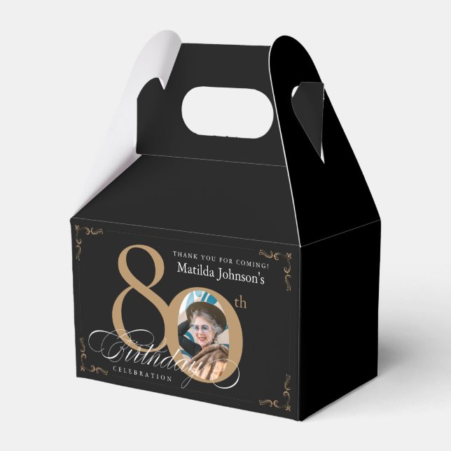 Calligraphy Custom Photo Black Gold 80th Birthday Favor Boxes (Front Side)