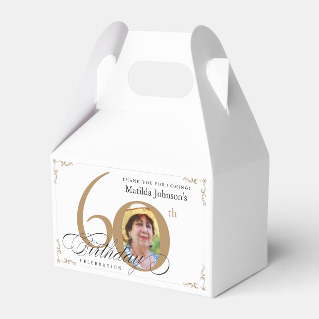 Calligraphy Custom Photo White Gold 60th Birthday Favor Boxes (Front Side)
