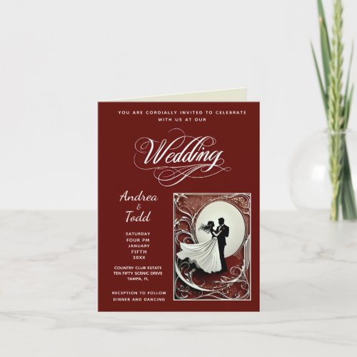 Calligraphy dance burgundy vintage photo Wedding Invitation