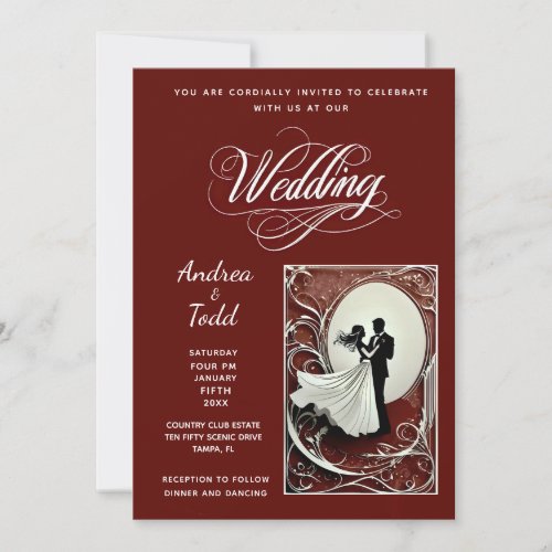 Calligraphy dance burgundy vintage photo Wedding Invitation