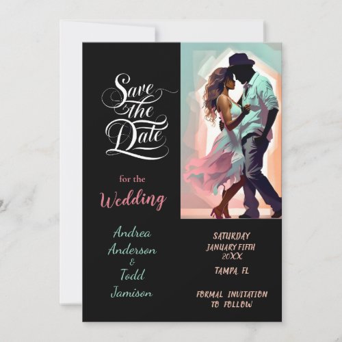 Calligraphy dance contrasting colors photo wedding save the date