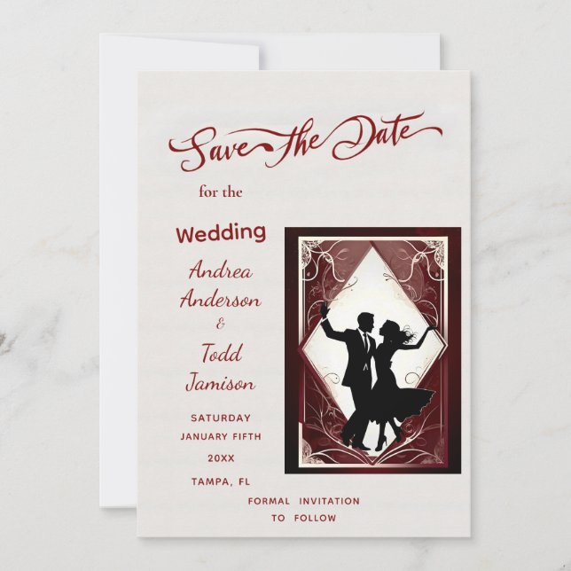 Calligraphy dance contrasting colors photo wedding save the date (Front)