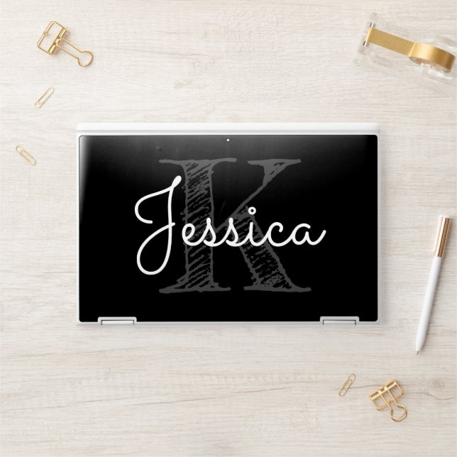 Calligraphy Doodle Black Grey and White Monogram HP Laptop Skin (Desk)