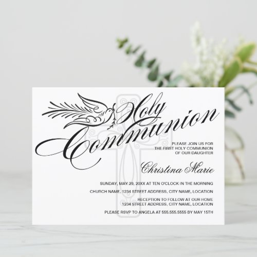Calligraphy Dove and Cross First Holy Communion Invites