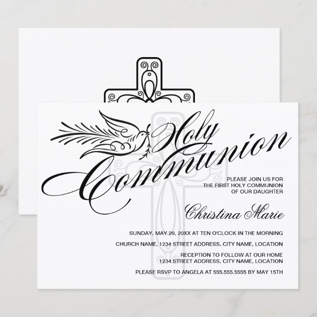 Calligraphy Dove and Cross First Holy Communion Invitation (Front/Back)