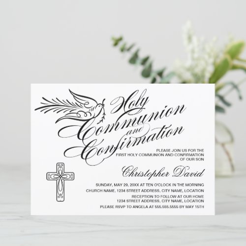 Calligraphy Dove Holy Communion and Confirmation Invitation