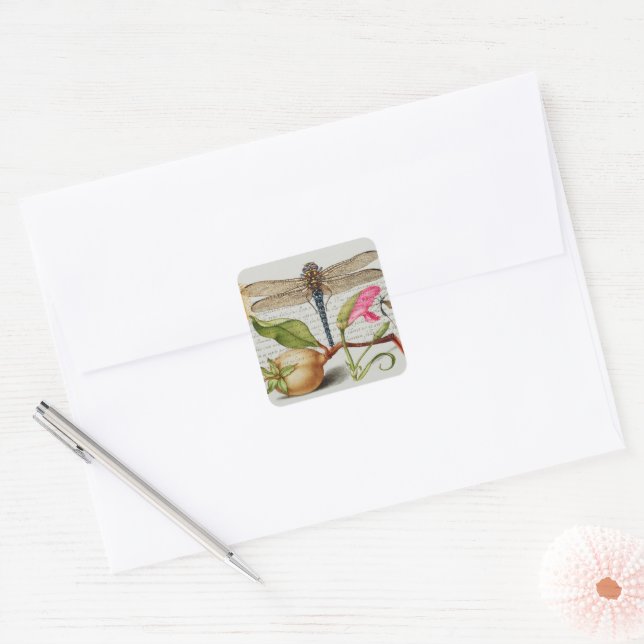 Calligraphy (Dragonfly, Carnation & Pear)    Square Sticker (Envelope)