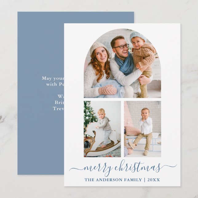 Calligraphy Dusty Blue 3 Photo Arch Christmas Holiday Card (Front/Back)