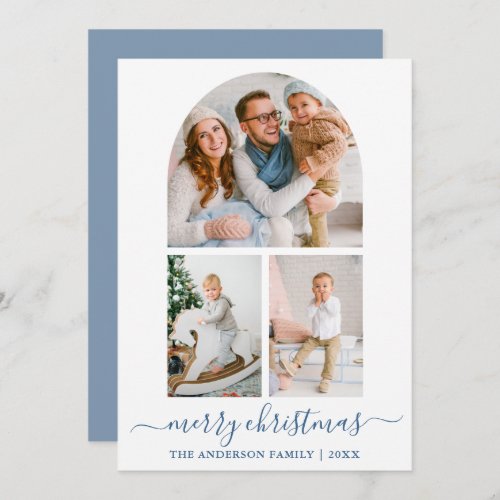 Calligraphy Dusty Blue 3 Photo Arch Christmas Holiday Card