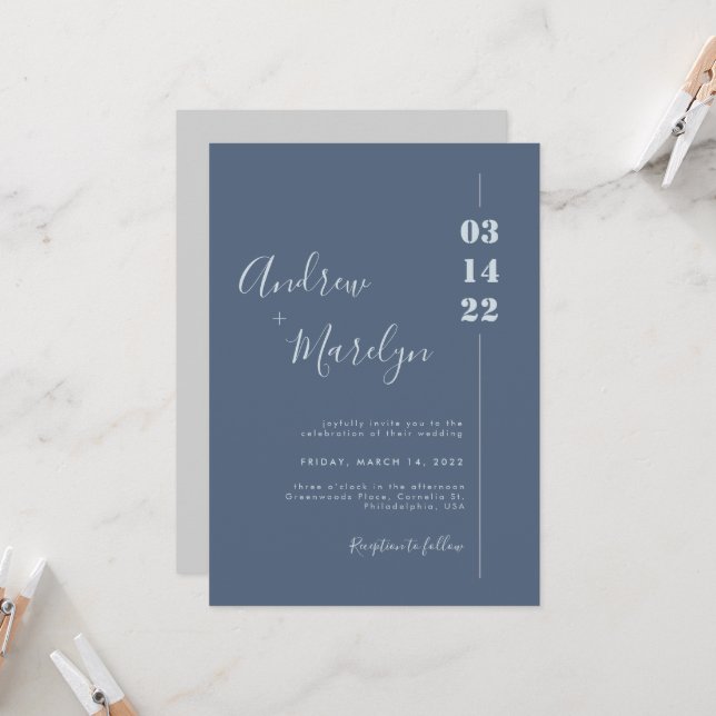 Calligraphy Dusty Blue and Gray Photo Wedding Invitation (Front/Back In Situ)